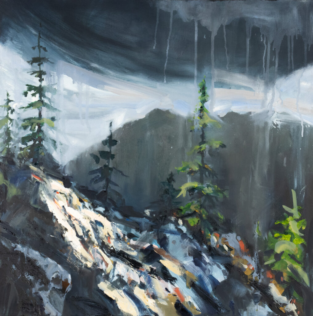 Oil painting of a mountain in a storm.