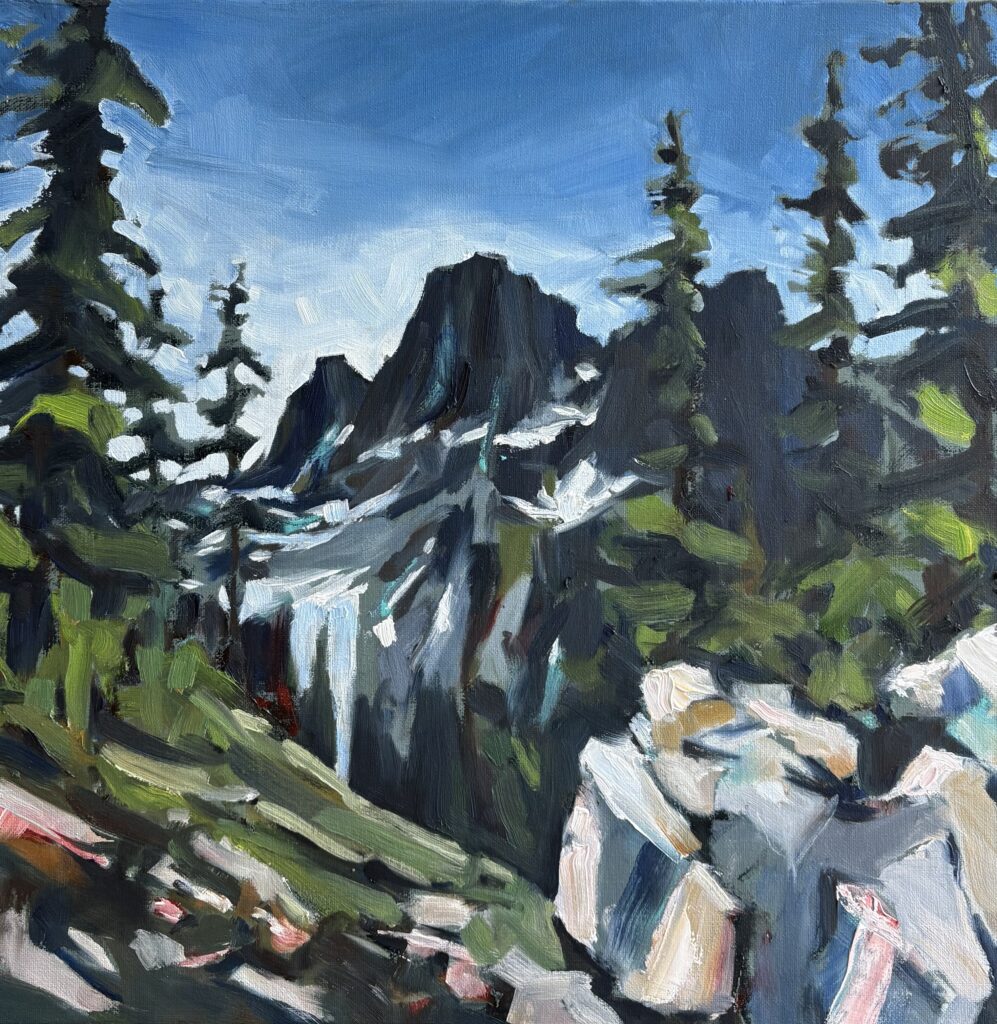 Expressive oil painting of a mountain scene.