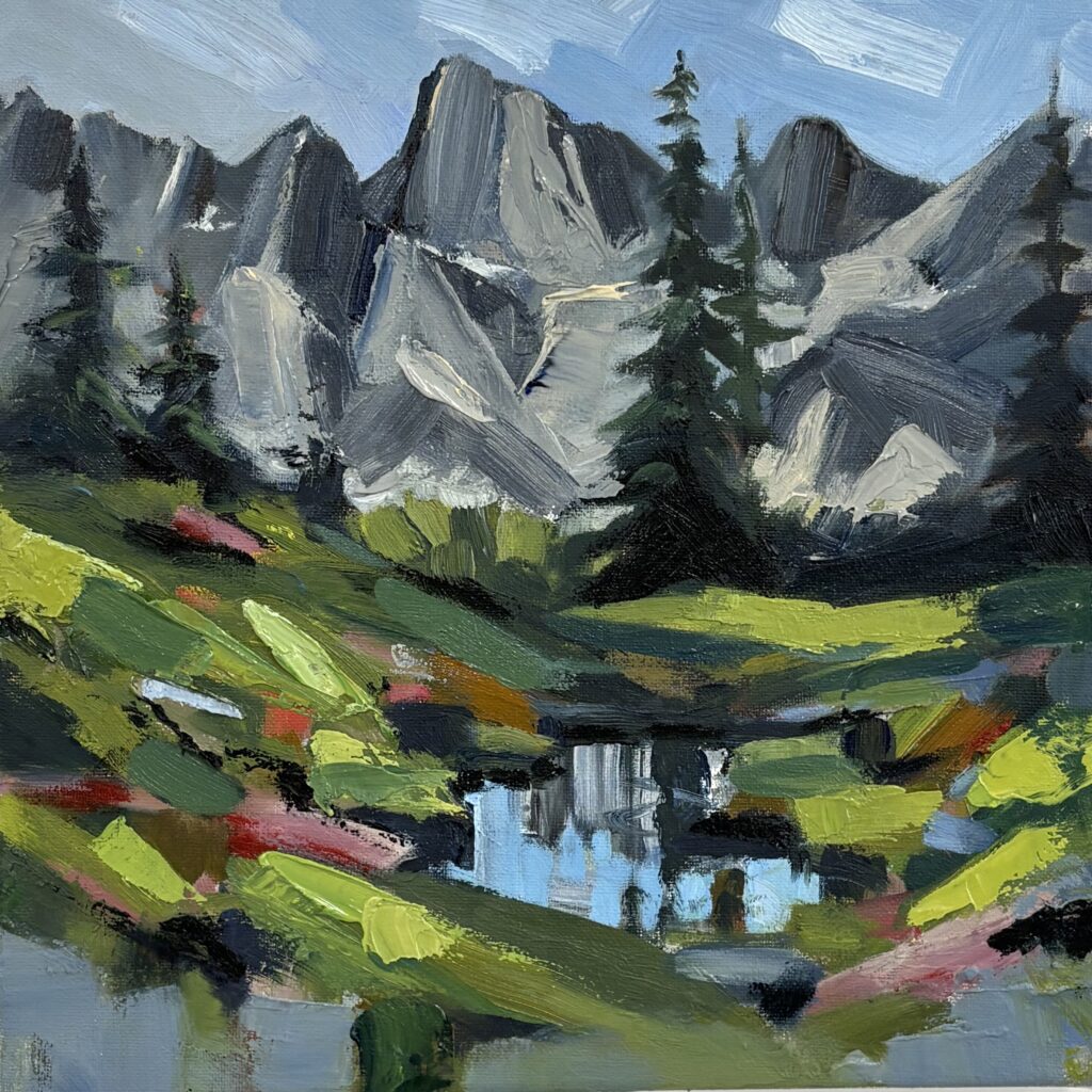 Expressive, colorful oil painting of a mountain scene.