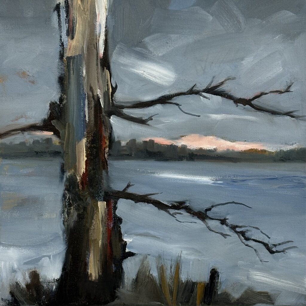 Oil painting of a tree in front of a lake with mountains in the distance.